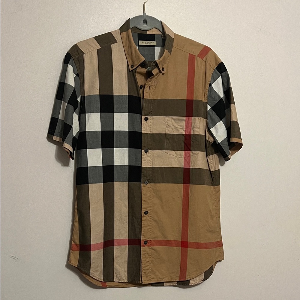 Burberry Tan and Black Plaid Button Down Shirt